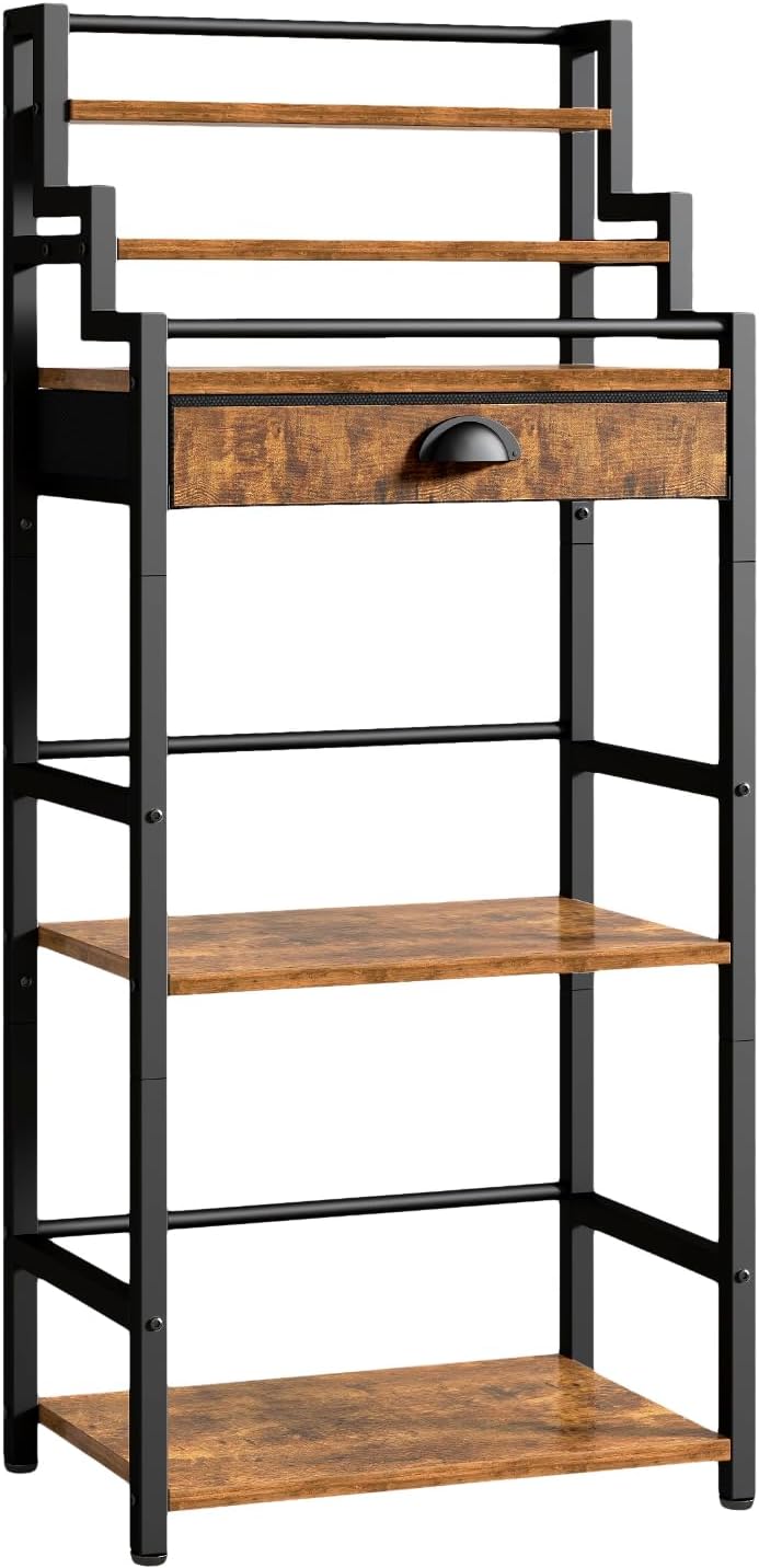 IBUYKE Stepped Wine Rack Freestanding Floor,Bar Cabinet,Brown TMJ915H | Wine Bottle Display Liquor Bottle Holder with Drawer for Whiskey for Home Living Room Dining