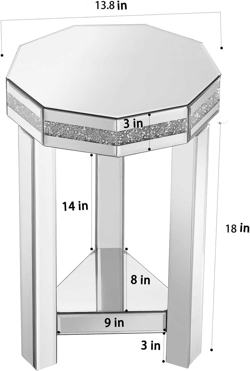 Henf 2-Tiers Silver Mirrored End Table for Small Space, Crystal Decor Mirrored Octagon Side Table Accent Table for Living Room, Octagon Bedside Nightstand for Bedroom, 13.8''x13.8''x21''