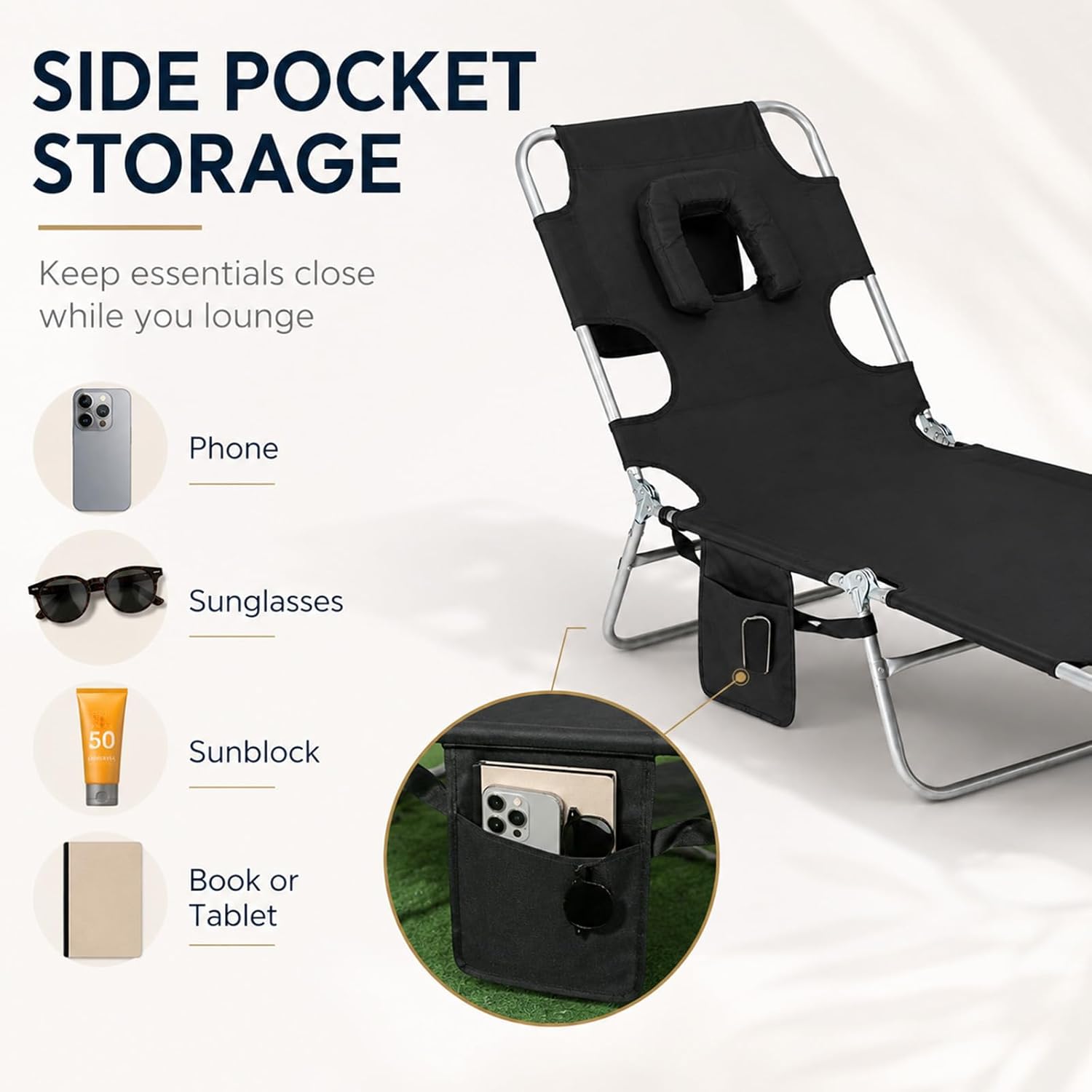 Tanning Chair, Folding Beach Lounge Chair with Face Hole and Arm Slots, 5-Position Adjustable Sun Tanning Chair with Pillow and Side Pocket, Portable Chaise Lounge for Patio Pool Outdoor, Black