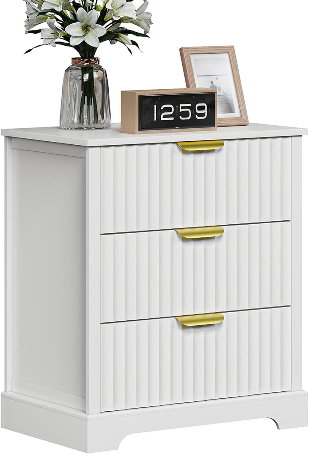 Fluted Nightstand with Charging Station and 3 Drawers | Metal Handles, Large Bedside Table, Bedroom, Charging Stations With USB-C Port, White
