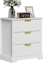 Fluted Nightstand with Charging Station and 3 Drawers | Metal Handles, Large Bedside Table, Bedroom, Charging Stations With USB-C Port, White