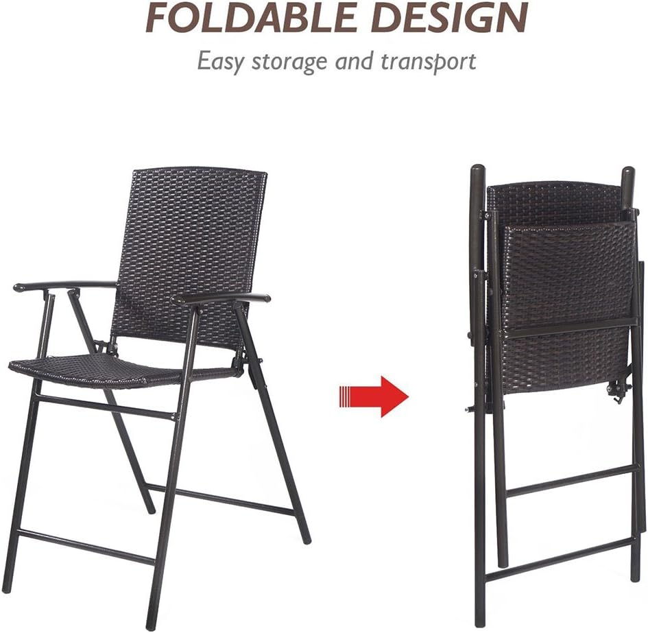 Tangkula 4 Piece Folding Patio Bar Chairs, Lightweight Portable Foldable Space Saving Wicker Bar Stools with Armrest & Footrest, for Lawn Patio Beach Garden Deck