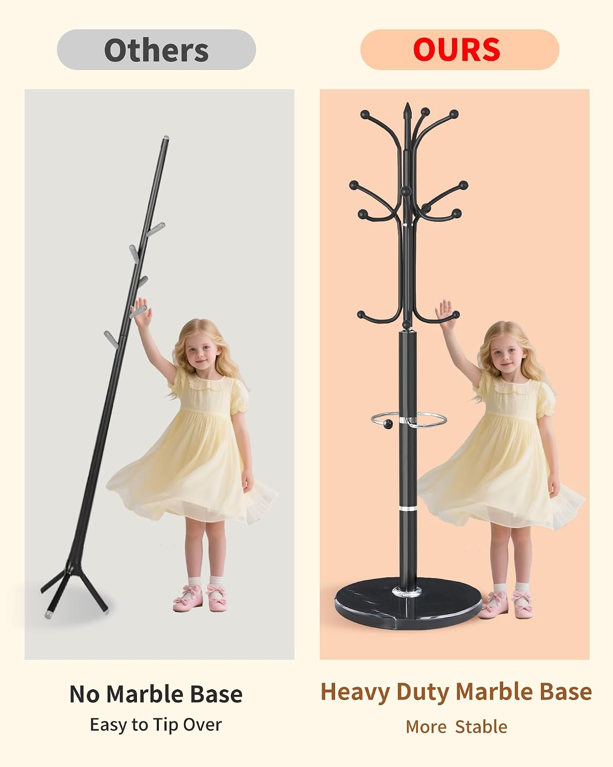 Metal Coat Rack with Natural Marble Base, Coat Rack Stand with 12 Hooks & Umbrella Holder, Black Modern Freestanging Coat Racks, Coat Jacket Hanger Tree Stand for Corner Entryway Office