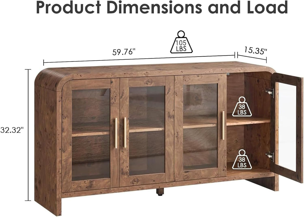 59" Sideboard Buffet Cabinet with Storage, Sideboard Cabinet with Adjustable Shelves & 4 Glass Doors,Coffee Bar Console Table for Kitchen, Living Room, Entryway (Dark Burl)