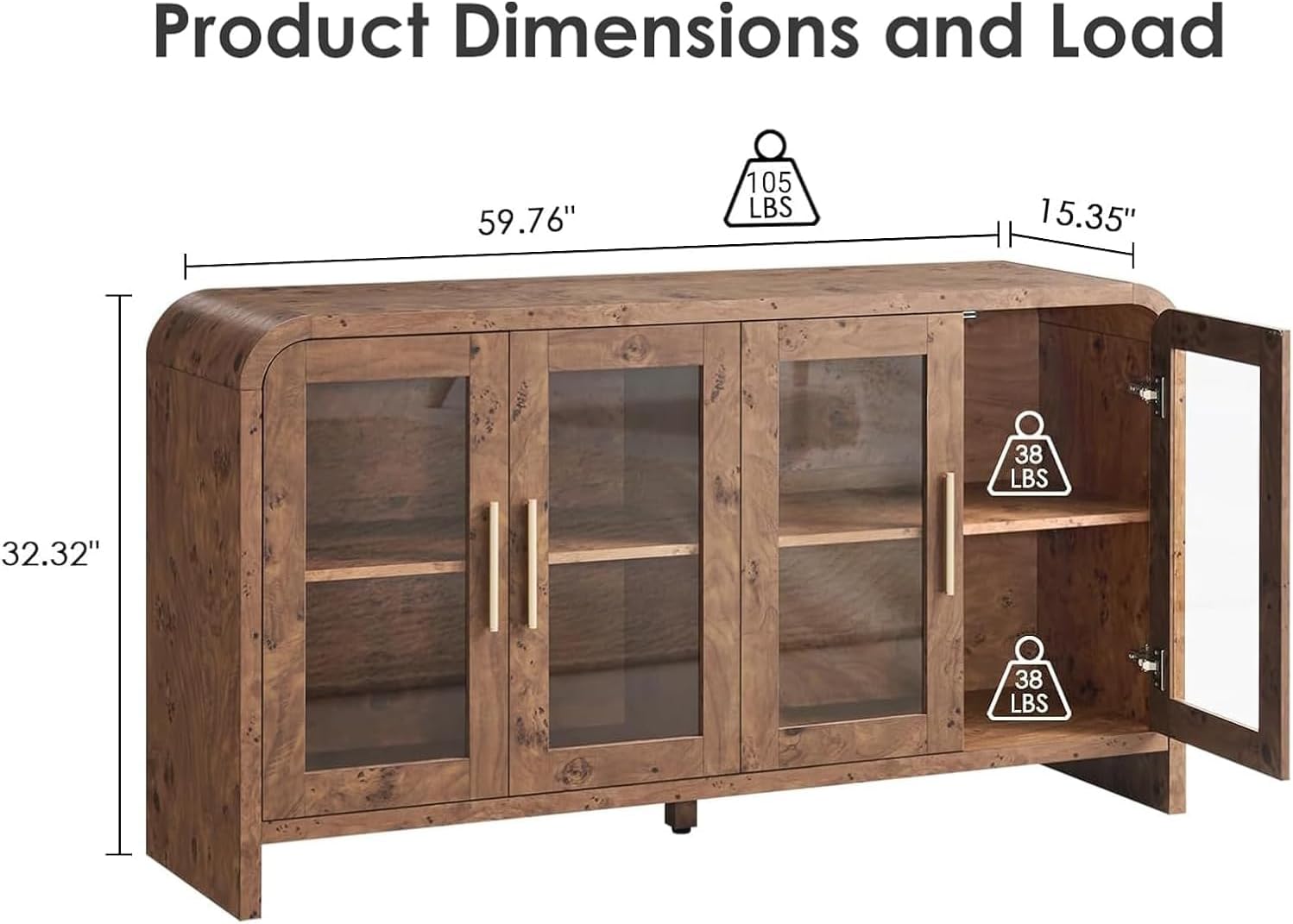 59" Sideboard Buffet Cabinet with Storage, Sideboard Cabinet with Adjustable Shelves & 4 Glass Doors,Coffee Bar Console Table for Kitchen, Living Room, Entryway (Dark Burl)