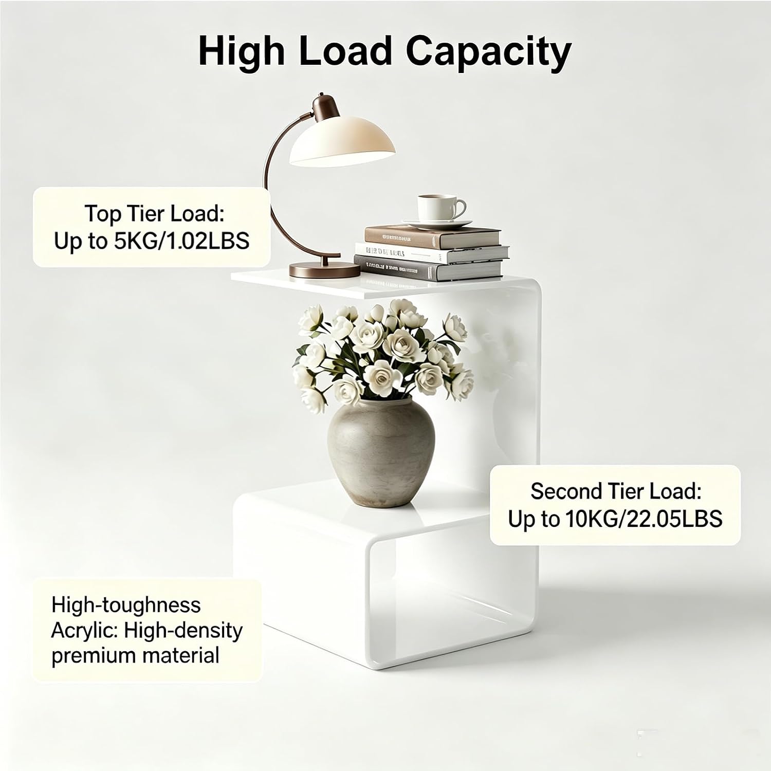 Acrylic End Table, 21.6" H C-Shaped End Table, Side Table for Living Room, Bedside Table for Bedroom, Acrylic Clear C Side Table (White)