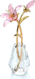 Crystal Tiger Lily Flowers with Crystal Vase Metal Stem Pink Lily Flower Collectible Gifts for Women, Glass Lilium Flower Artificial Floral Figurines for Home Wedding Party Decor
