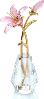 Crystal Tiger Lily Flowers with Crystal Vase Metal Stem Pink Lily Flower Collectible Gifts for Women, Glass Lilium Flower Artificial Floral Figurines for Home Wedding Party Decor