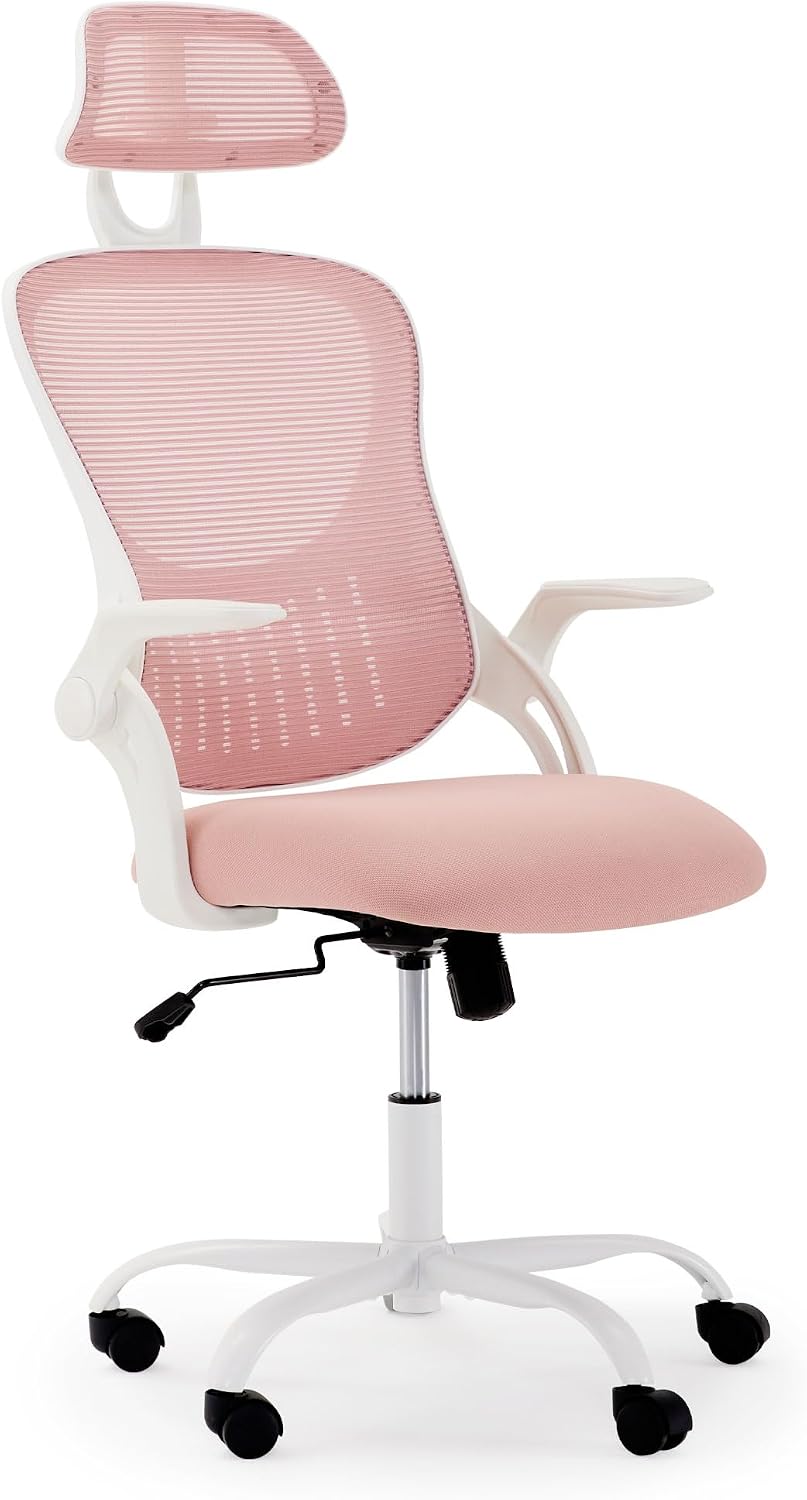 Ergonomic Home Mesh Office Chair-Computer Desk Swivel Reclining Chair with Wheels, Lumbar Support, Comfy Work Gaming Chair for Adults-Adjustable Headrest, Storage Basket for Home Office, Gaming, Pink