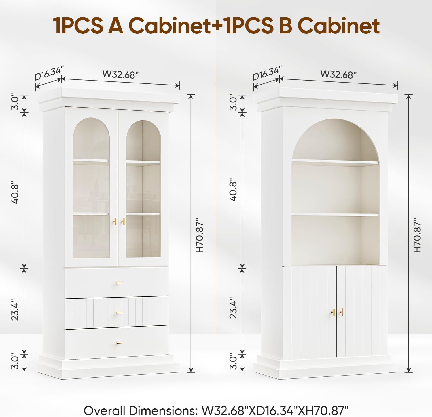 ivaniti 71" Arched Kitchen Pantry Cabinet, Tall Display Modern Storage Combination for Living Room and Dining Room with Dual Glass Door and Open Shelf Cabinets, White with Gold Handles, 3 of Set
