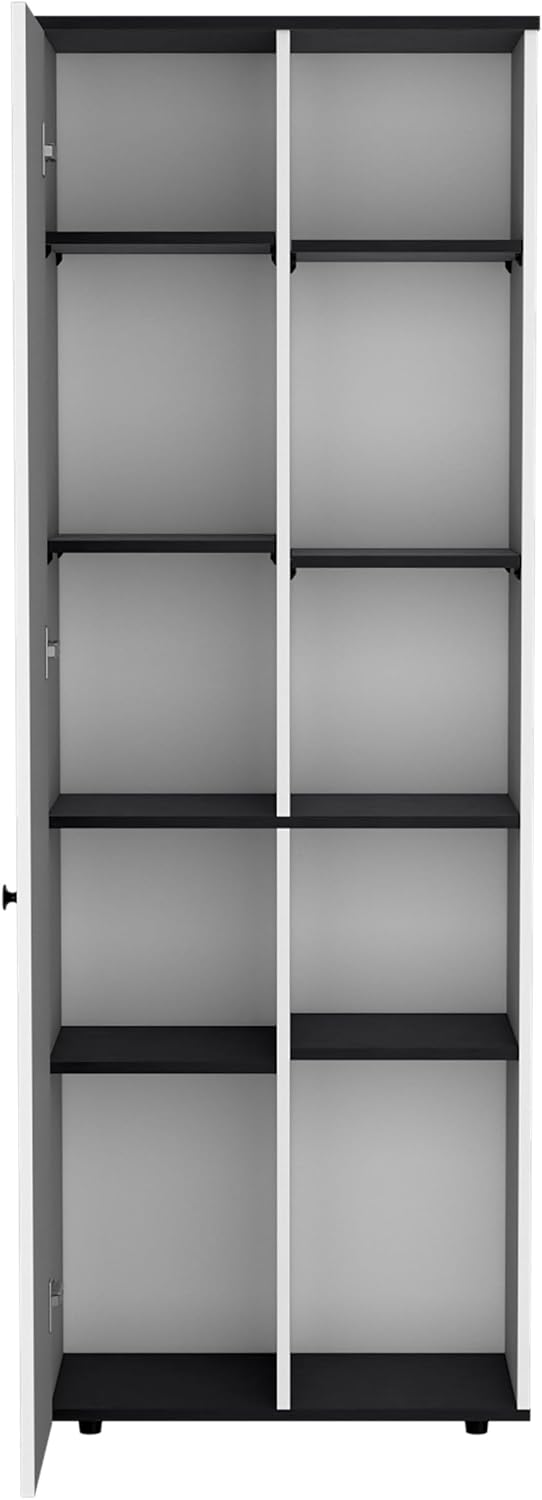 Compact 67" Kitchen Storage Cabinet, 10 Shelves, White & Black, Pantry Organizer