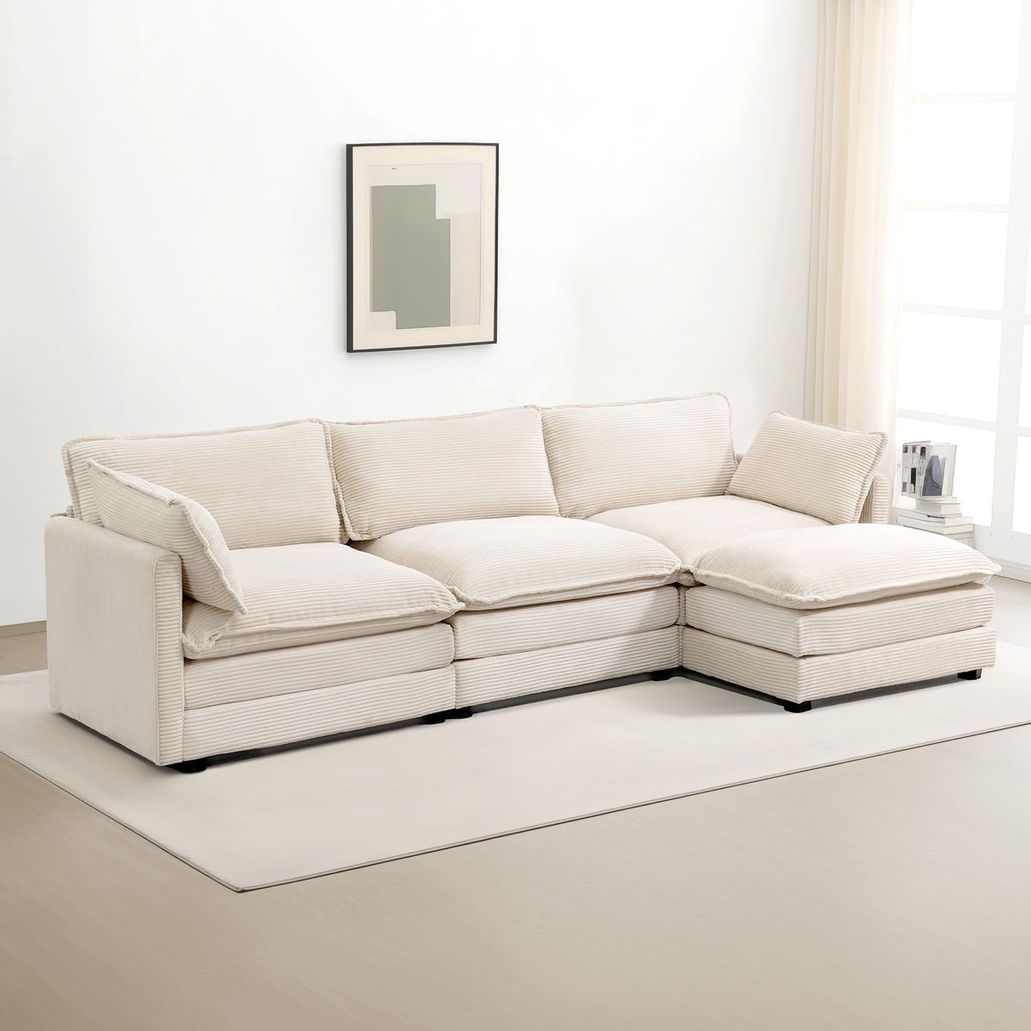 ROWHY Ottoman for Sectional Cloud Couch, Corduroy Ottoman for Deep Seat Modular Couch for Apartment, Living Room and Bedroom, Beige
