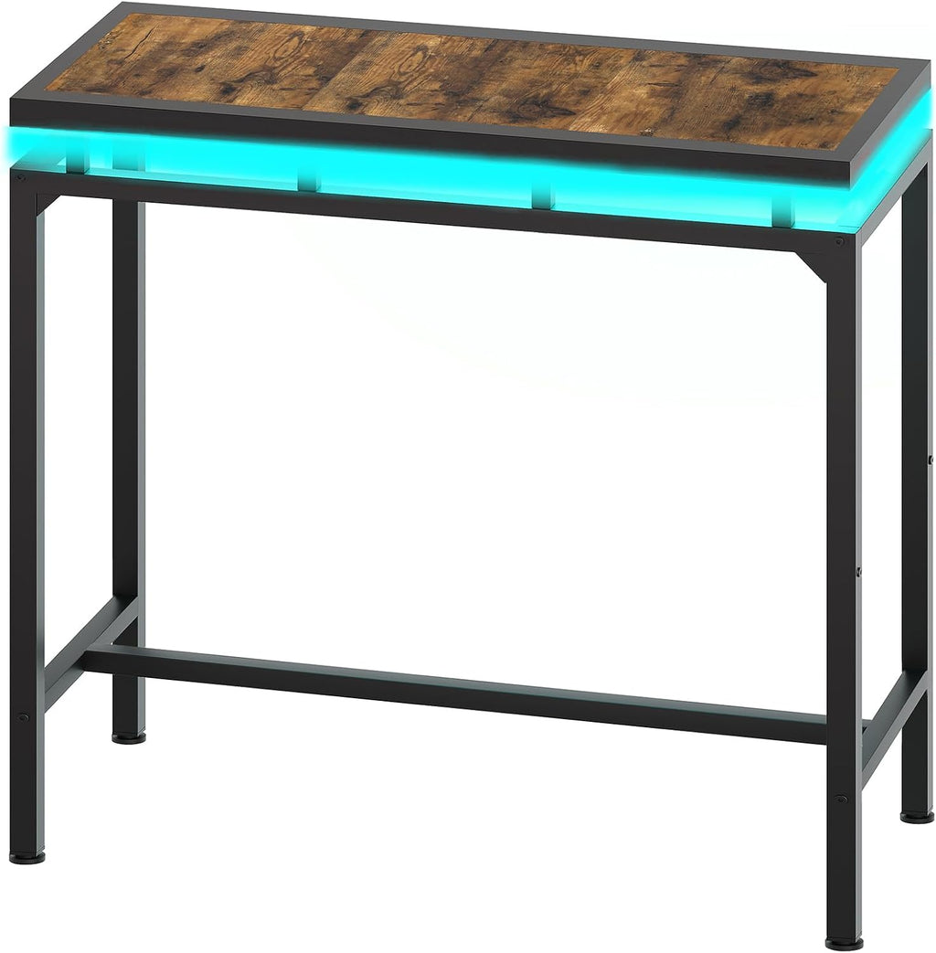 YATINEY Bar Table with LED Lights, Counter Height Bar Height Table, Pub Gaming Table, Metal Frame, for Living Room, Dining Room, Pub, Rustic Brown and Black BT01DBR