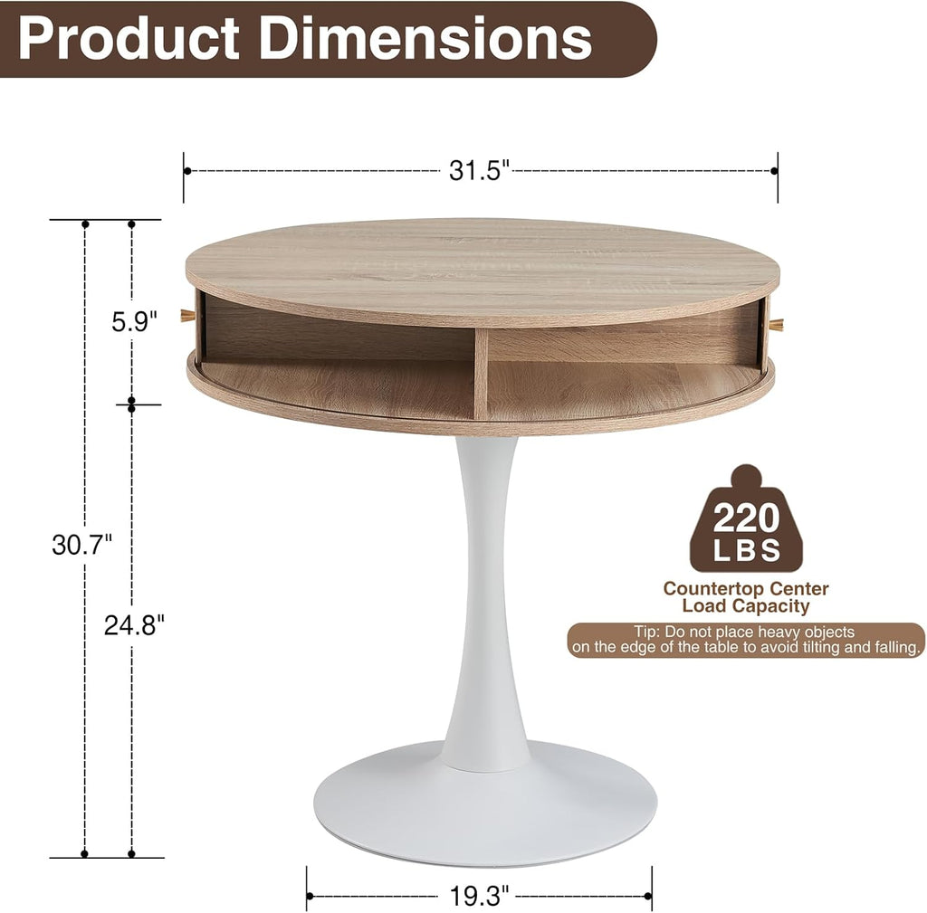 31.5" Round Fluted Pedestal Table for 2-4, Oak Circle Kitchen Dinner Table with Hidden Storage, 31''H Small Tulip Breakfast Desk with Sliding Doors, Metal Base for Kitchen, Cafe, Patio, Courtyard