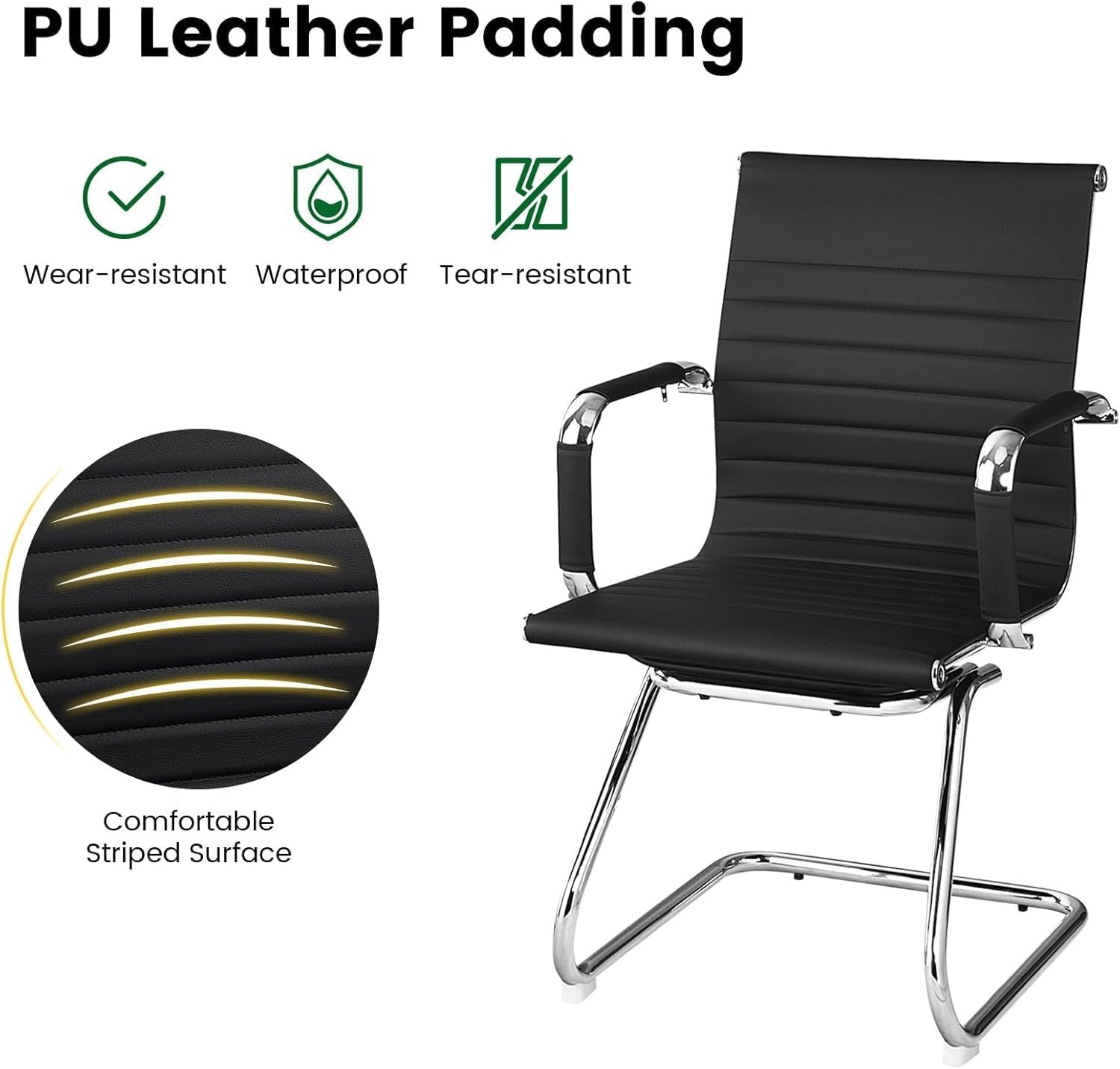 POWERSTONE Office Reception Guest Chair Set of 2 - Office Conference Desk Chair with No Wheels, Ergonomic Mid Back PU Leather Metal Base with Arms for Home Conference Meeting Waiting Room Lobby