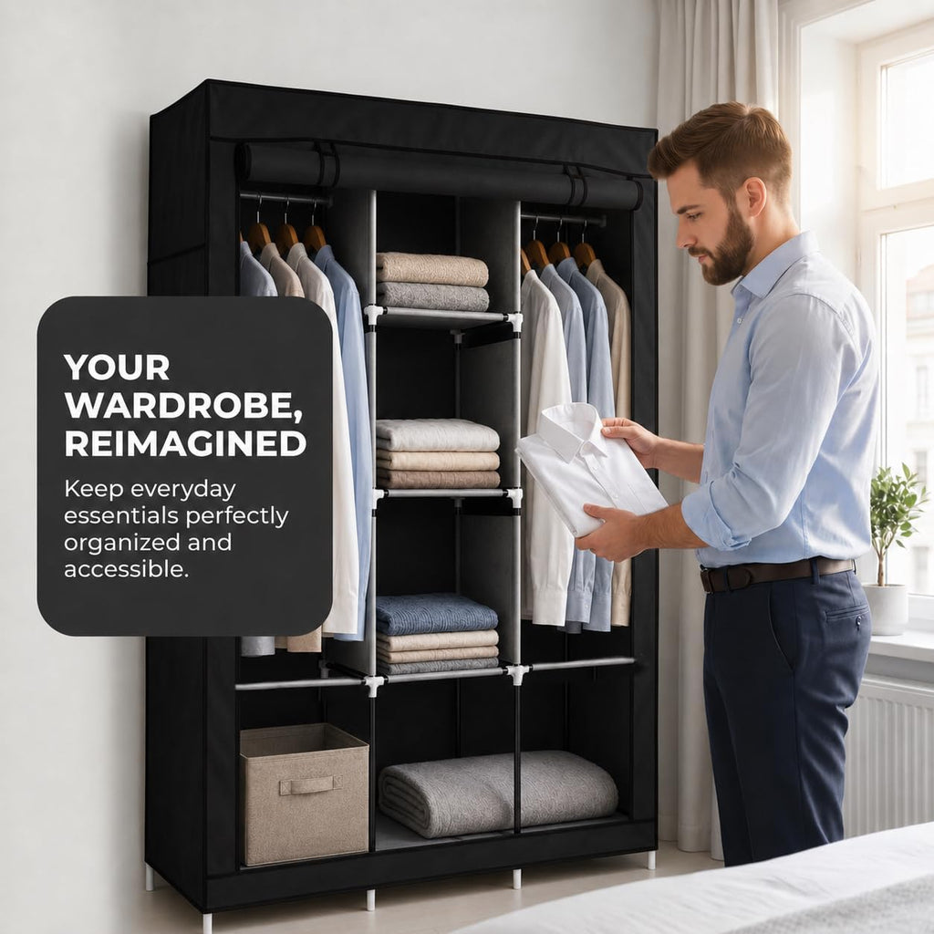 American Dream Heavy Duty Storage Closet, Black, 50.3" W x 18" D x 67" H | Freestanding, Wardrobe Organizer Cabinet, With Shelving