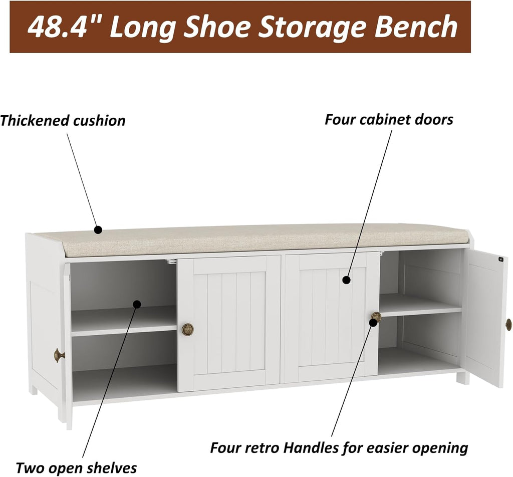 HOMEFORT 48.4" Shoe Storage Bench with Cushion, Entryway Bench with Paddded Seat, 2-Tier Shoe Cabinet Bench with Adjustable Shelves and 4 Doors, Wooden End of Bed Bench, for Bedroom, Hallway, White