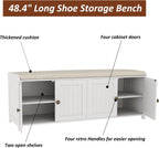 HOMEFORT 48.4" Shoe Storage Bench with Cushion, Entryway Bench with Paddded Seat, 2-Tier Shoe Cabinet Bench with Adjustable Shelves and 4 Doors, Wooden End of Bed Bench, for Bedroom, Hallway, White