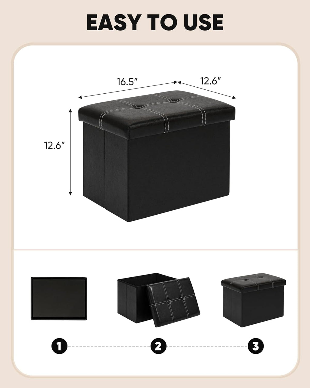 B FSOBEIIALEO Folding Storage Ottoman Cube, Faux Leather Footrest Seat Coffee Table, Black 16.5"x12.6"x12.6"