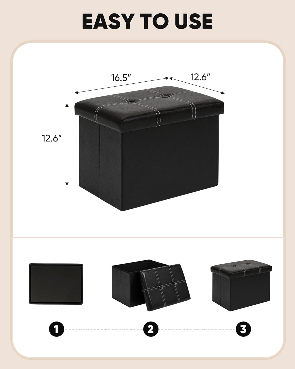 B FSOBEIIALEO Folding Storage Ottoman Cube, Faux Leather Footrest Seat Coffee Table, Black 16.5"x12.6"x12.6"