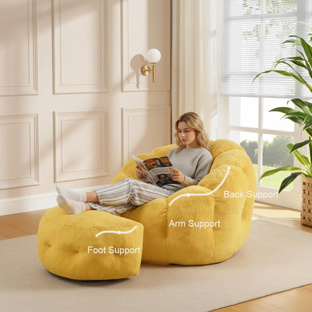 Flower Bean Bag Chair with Ottoman, Comfy Fuax Fur Beanbag for Adults & Teens, Fluffy Plush Floor Lazy Sofa for Bedroom, Living Room, Reading Nook, Yellow
