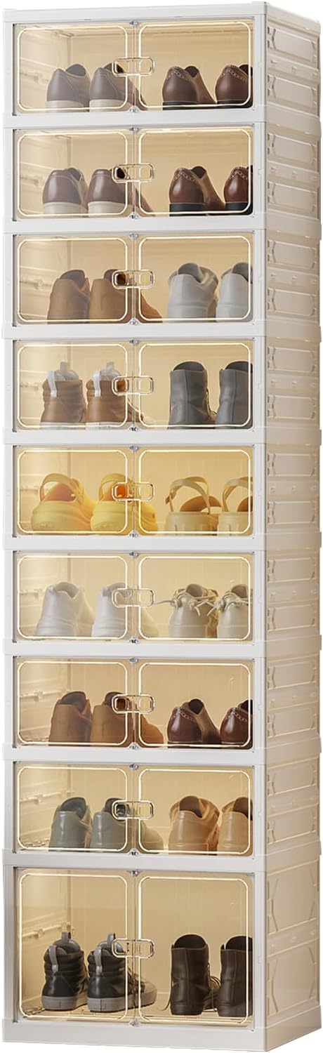 CuisinSmart 9-Tier Foldable Shoe Rack Organizer for Closet,Stackable Sneaker Storage Boxes with Door,Easy Assembly,Plastic Boot Organizer Boxes for Hallway,Living Room,Closet