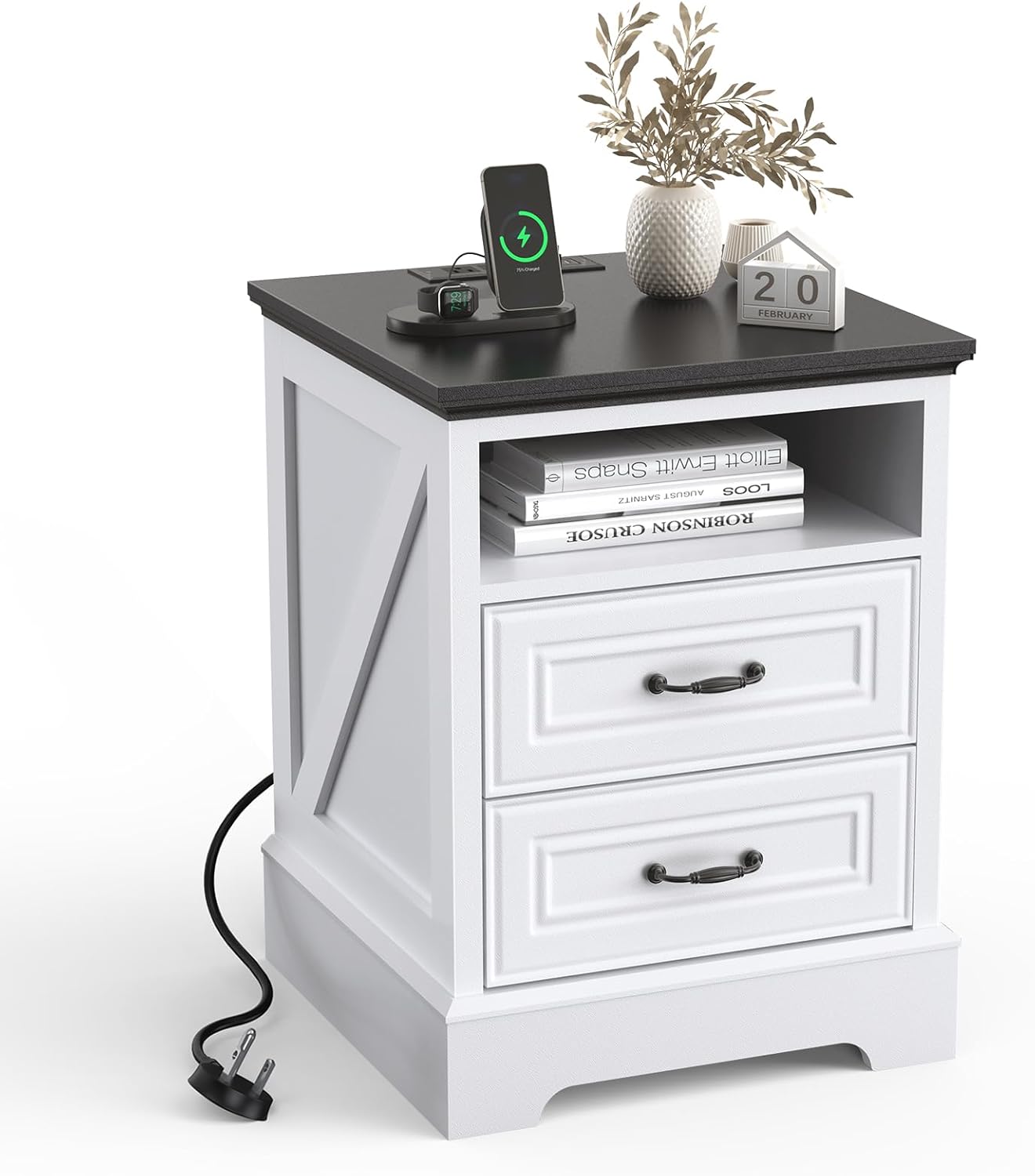 Eondon 18" Farmhouse Nightstand with Charging Station, 2 Drawers Bedside Table with Open Shelf, End Table with Storage Wood Rustic Bedside Cabinet Side Table for Living Room and Bedroom, White