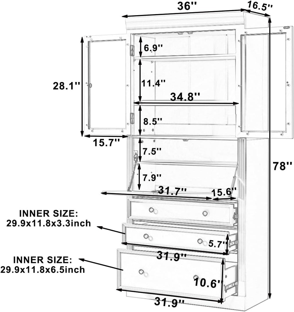 Freestanding Kitchen Pantry Storage Cabinet, 36 * 16.5 * 78 Inch Multifunctional Cupboard with 3 Drawers, Adjustable Shelves and Power Outlet for Dining Room, White
