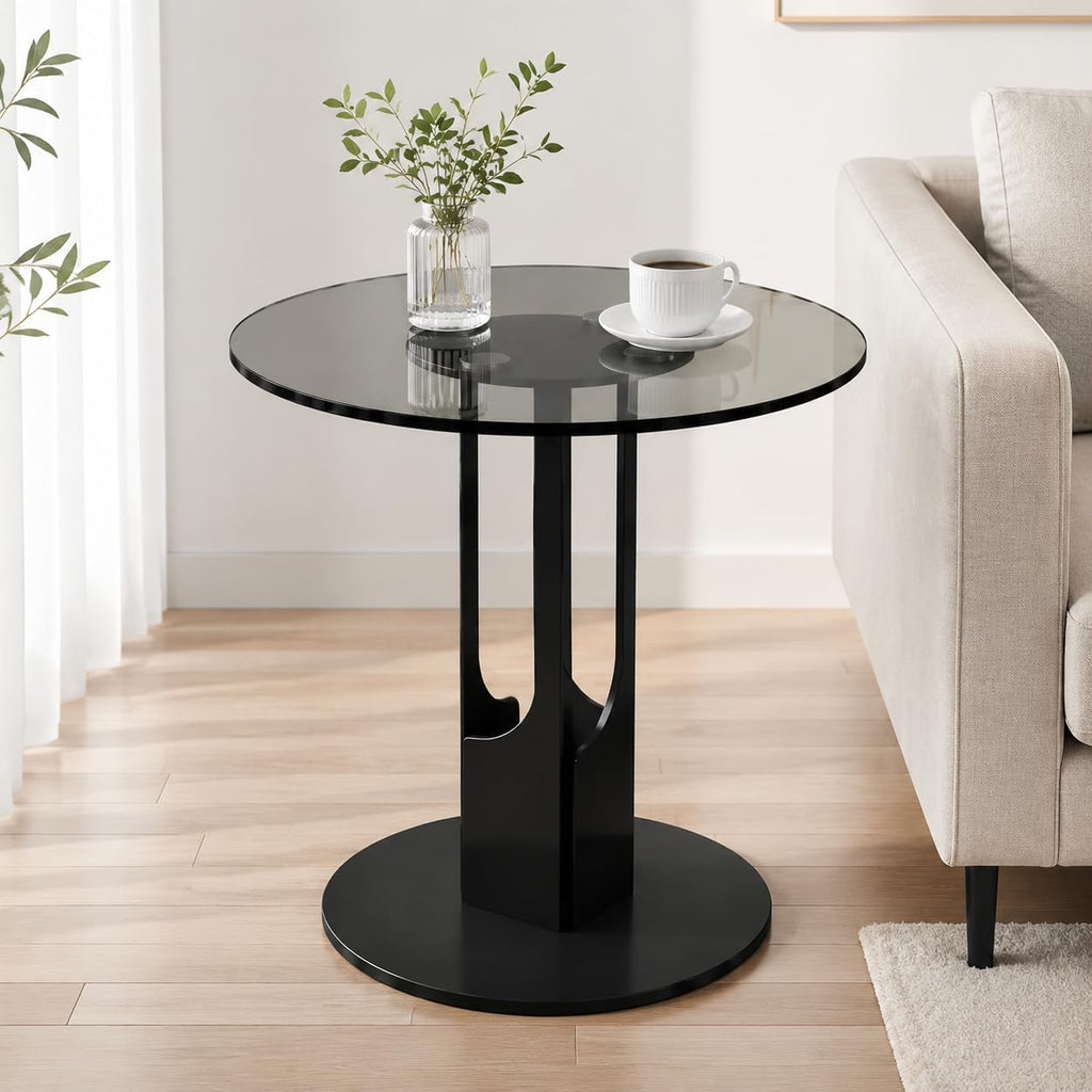 Round Tempered Glass Side Table, Black Metal End Table with Gray Glass Top, Modern Accent Table for Living Room, Bedroom, Sofa Side, Small Spaces
