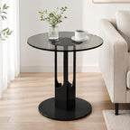 Round Tempered Glass Side Table, Black Metal End Table with Gray Glass Top, Modern Accent Table for Living Room, Bedroom, Sofa Side, Small Spaces