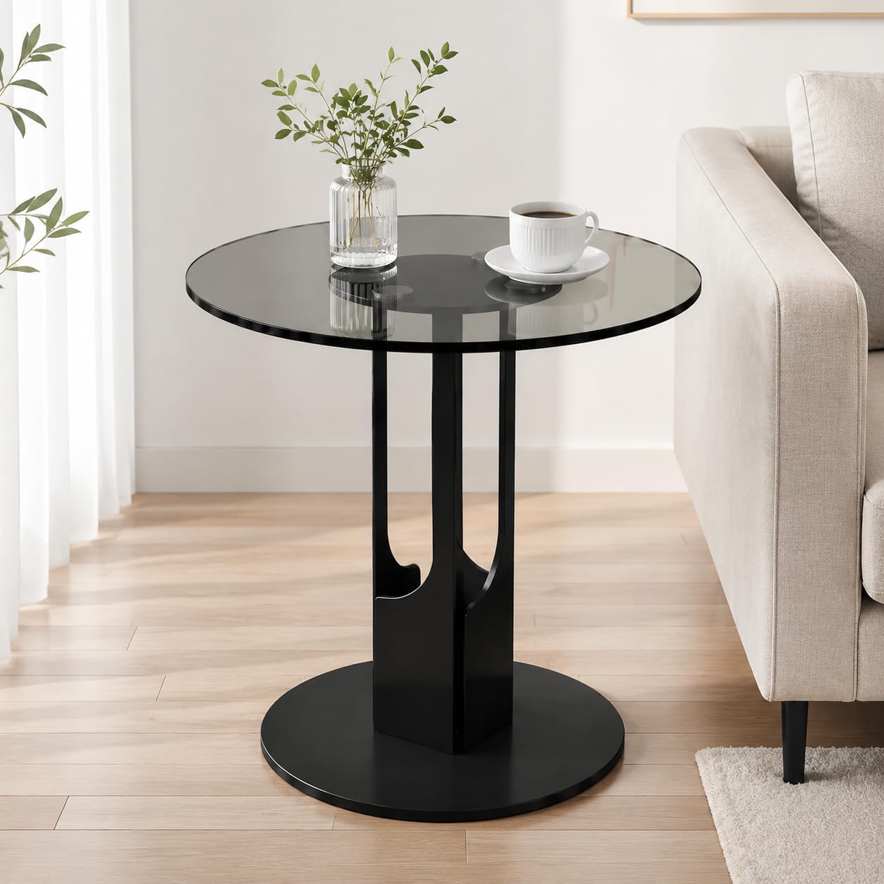 Round Tempered Glass Side Table, Black Metal End Table with Gray Glass Top, Modern Accent Table for Living Room, Bedroom, Sofa Side, Small Spaces