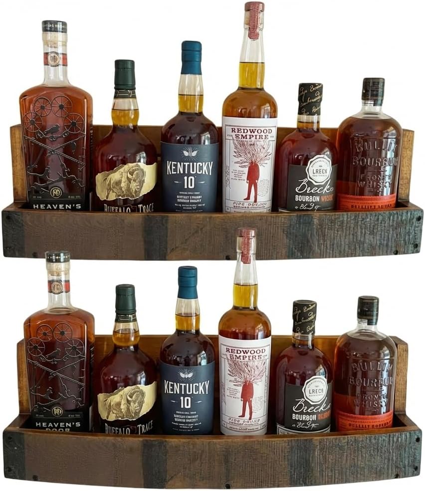 Liquor Bottle Display Shelf – Bar Shelf for Whiskey, Wine & Bourbon – Rustic Wall-Mounted Wooden Shelves, Countertop Rack, Stylish & Space-Saving Small Liquor Cabinet for Enthusiasts (Set of 2)