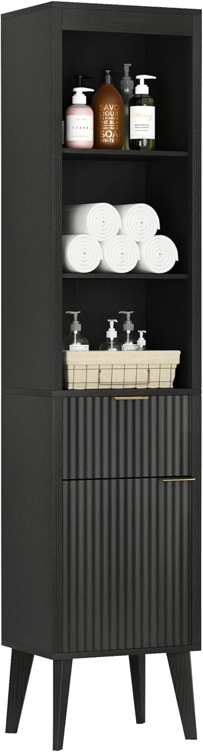 70" H Tall Storage Cabinet, Fluted Freestanding Floor Organizer for Bathroom, Kitchen Pantry, Utility Room, w/Drawer & Adjustable Shelves, Modern Accent in Black