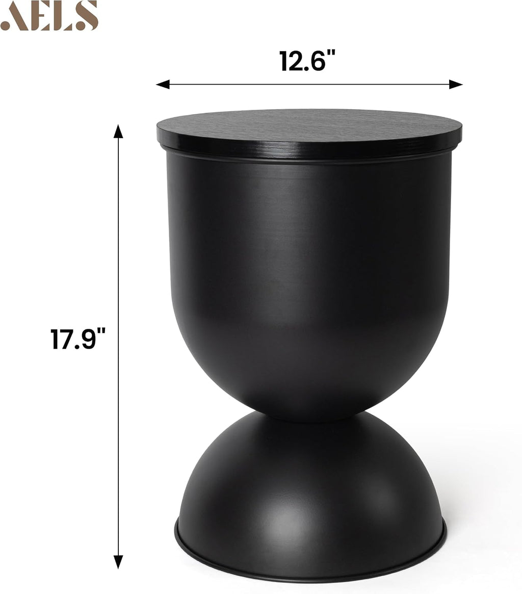 AELS Mid Century Modern Storage Drum Side Table, 12.5" Wide Black Metal End Table with Removable Lid, Accent Table for Living Room, Bedroom or Entryway