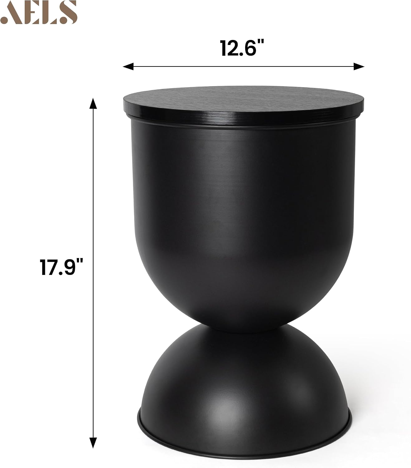 AELS Mid Century Modern Storage Drum Side Table, 12.5" Wide Black Metal End Table with Removable Lid, Accent Table for Living Room, Bedroom or Entryway