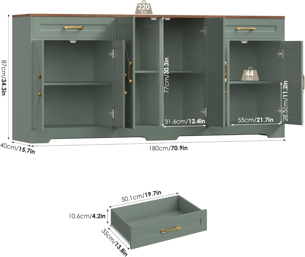 BOTLOG 71” Large Sideboard Buffet Cabinet with Storage, Farmhouse Kitchen Buffet Cabinet with Adjustable Shelves and 6 Barn Doors, Wood Coffee Wine Bar Console Table for Kitchen, Dining Room, Green