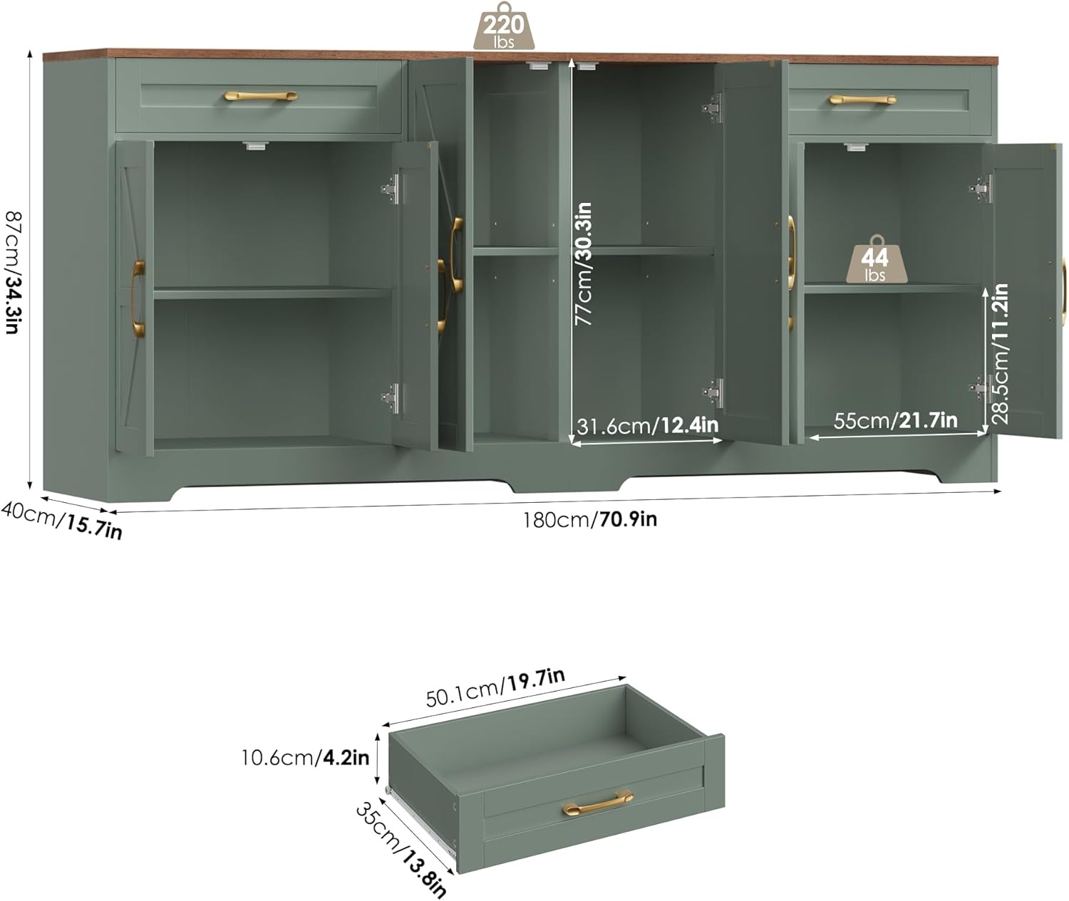 BOTLOG 71” Large Sideboard Buffet Cabinet with Storage, Farmhouse Kitchen Buffet Cabinet with Adjustable Shelves and 6 Barn Doors, Wood Coffee Wine Bar Console Table for Kitchen, Dining Room, Green
