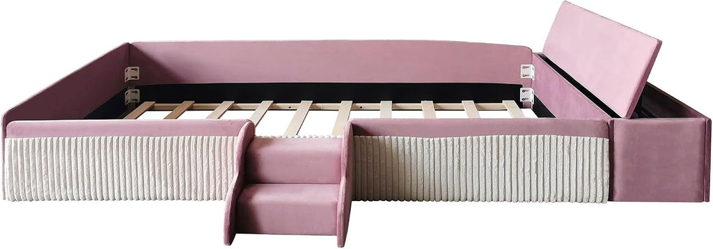 Twin Size Velvet Upholstered Floor Daybed with Stairs, Gas Lift Storage Ottoman and Padded Guardrails for Kids (Pink+White, Twin)