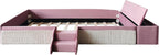Twin Size Velvet Upholstered Floor Daybed with Stairs, Gas Lift Storage Ottoman and Padded Guardrails for Kids (Pink+White, Twin)