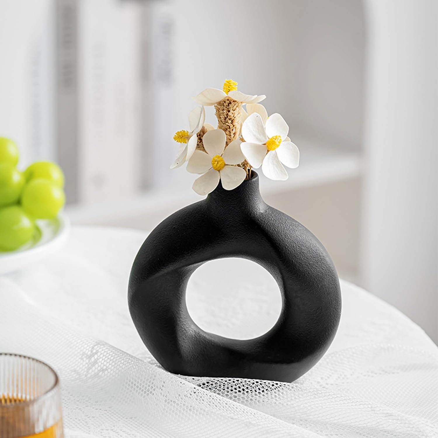 Black Ceramic Vase Set of 2,Matte Modern Nordic Boho Home Decor for Living Room,Bedroom,Wedding Table
