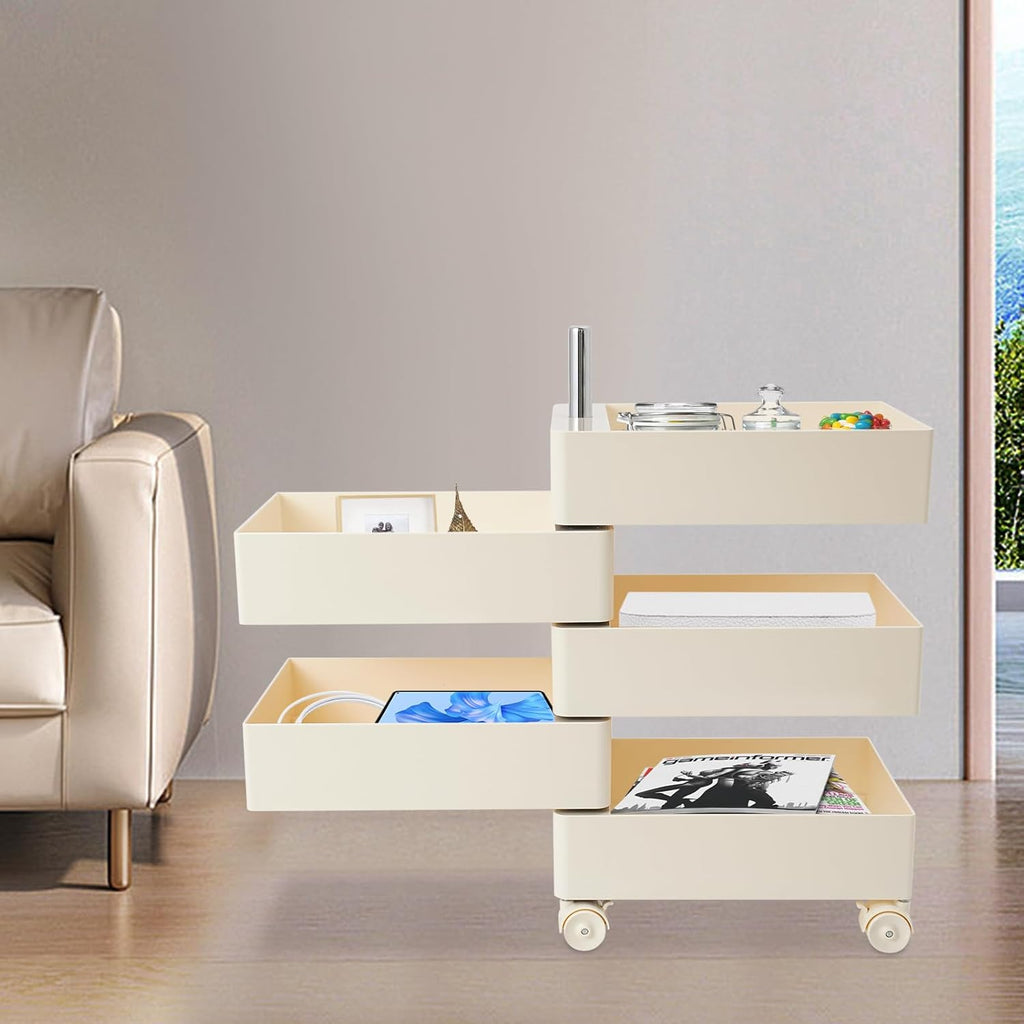 360° Rotating Side Table with 5 Drawers, Movable Storage End Table Sofa Side Cabinet with 4 Universal Casters With Brakes, Rotating Storage Rack 16.3*12.4*24in for Living Room, Bedroom, Office (White)