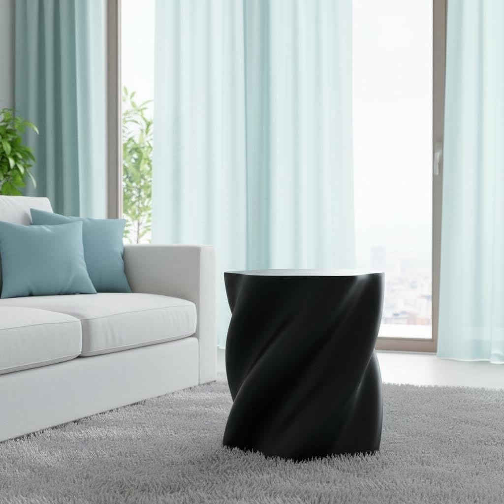 19.69" Modern Sculpture-Style Black Fiberglass End Table,Sofa Couch Side Table.Distorted Organic Design,Fully Assembled,Indoor/Outdoor Versatile.Artistic Accent for Living Rooms, Bedrooms & Patios