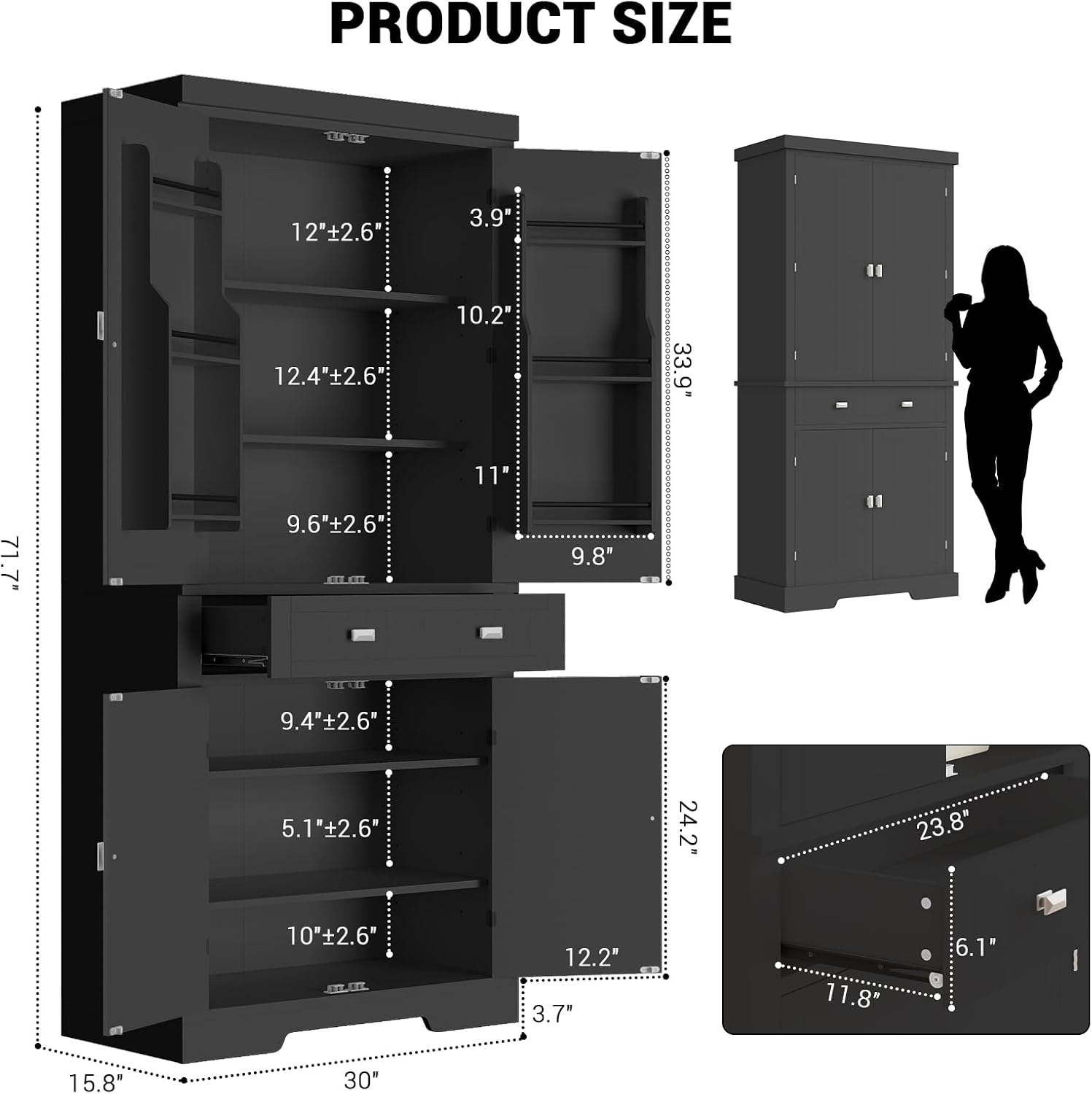 TrailBlaze 72'' Tall Kitchen Pantry Cabinet with Doors & Drawers, Freestanding Narrow Pantry Storage with Adjustable Shelves, Storage Cabinet for Dining Room Living Room Kitchen