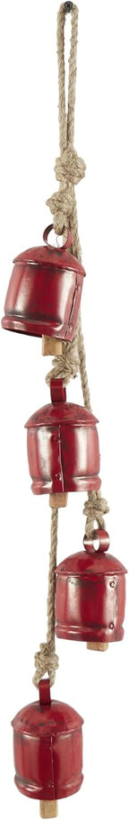 Deco 79 Metal Indoor Outdoor Decorative Cow Bells Tibetan Inspired Cascading Meditation Bell with 4 Bells on Jute Hanging Rope, Cow Bell 3" x 3" x 27", Red