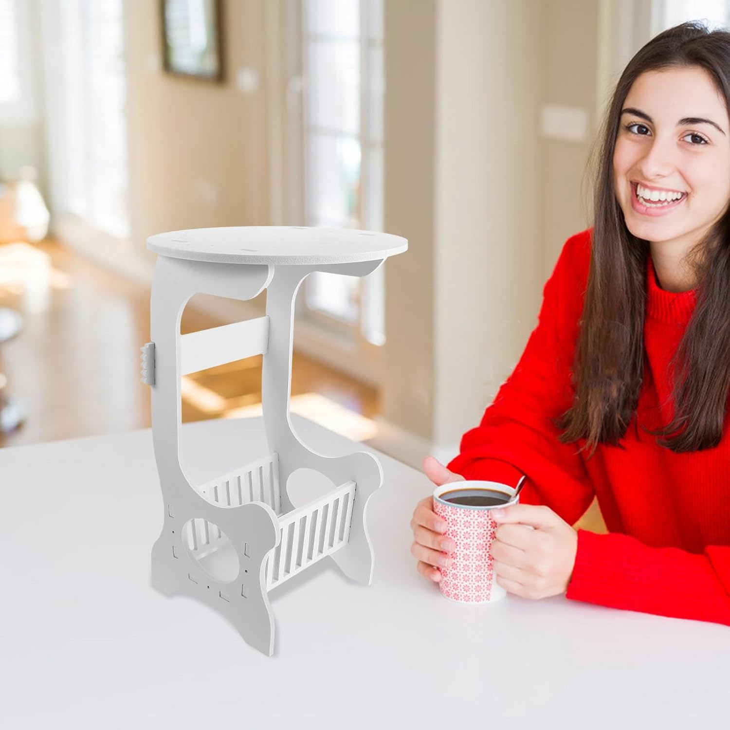 Small Round White End Table for Living Room Bedroom Balcony, Compact Bedside Coffee Table with Storage, Wooden Plastic Nightstand for Small Spaces