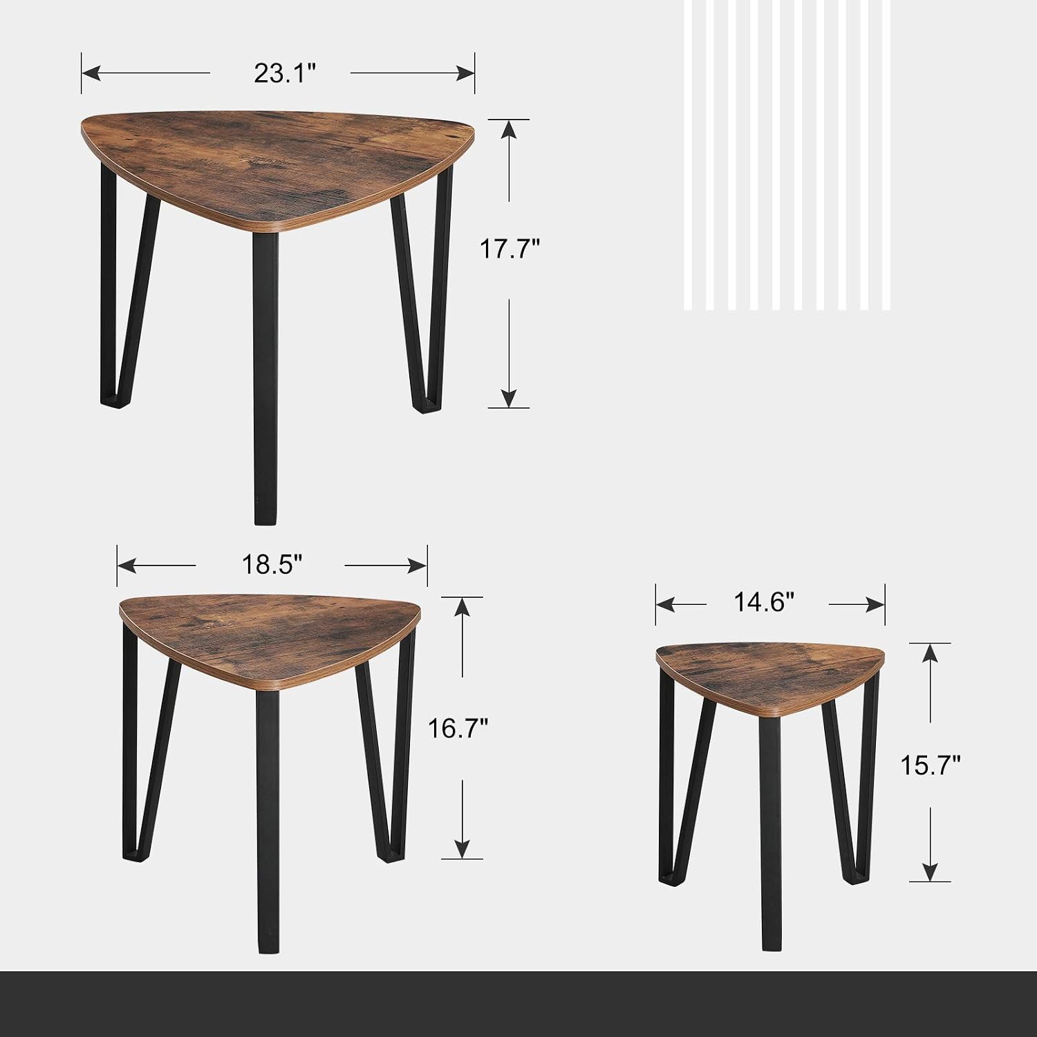 VASAGLE Nesting Coffee Tables, End Tables Set of 3 for Living Room Bedroom, Industrial Small Stacking Side Tables with Metal Frame for Couch, Rustic Brown and Black ULNT13X, 23.1 x 23.1 x 17.7 Inches