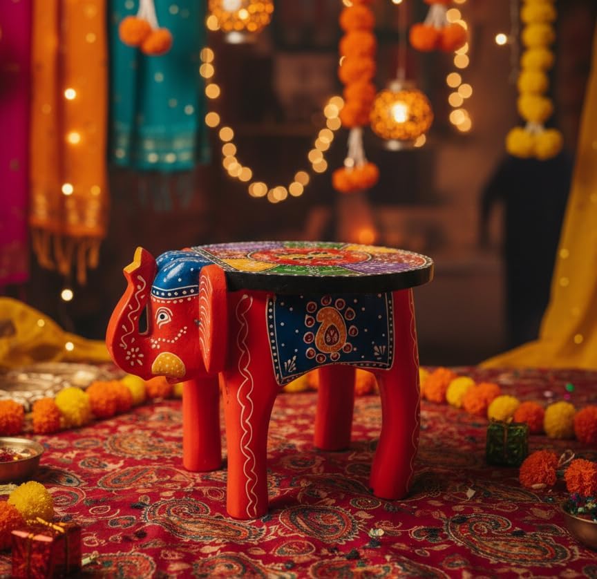 End Table, Handmade Wooden Elephant Side Table, Small Round End Table, Nightstand with Tapered Legs, for Small Spaces, Living Room, Bedroom, Wooden Stools (Red)