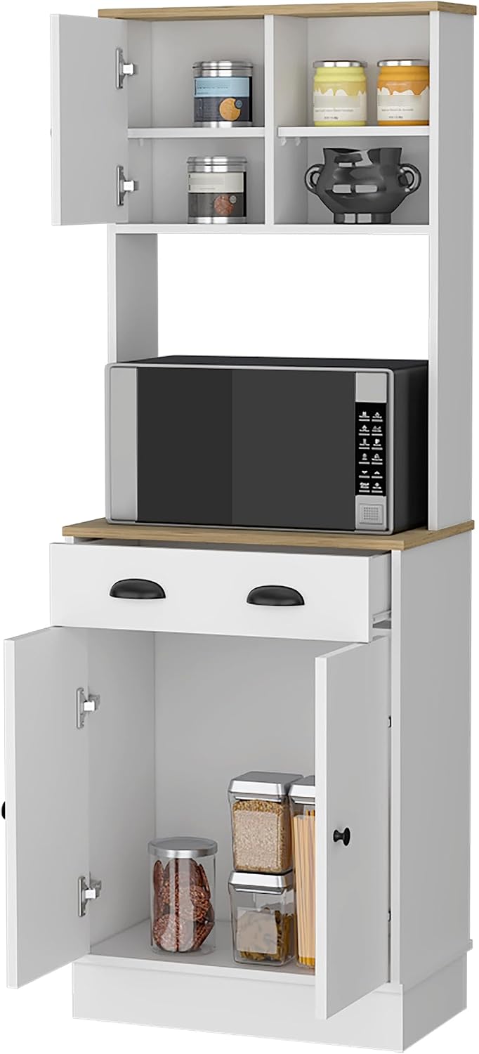 2-Door Cabinet Microwave Kitchen Pantry in White and Macadamia,Buffet Kitchen Sideboard,for Kitchen,Dining Room,13.78 * 23.62 * 66.54