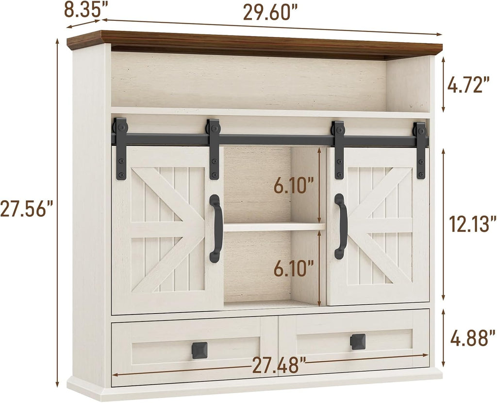 Vabches Bathroom Wall Cabinet, Farmhouse Medicine Cabinet with Sliding Door | Vintage Storage Cabinet Wall Mounted with Storage Drawer and Removable Divider for Bathroom, Kitchen, Rustic White and Brown