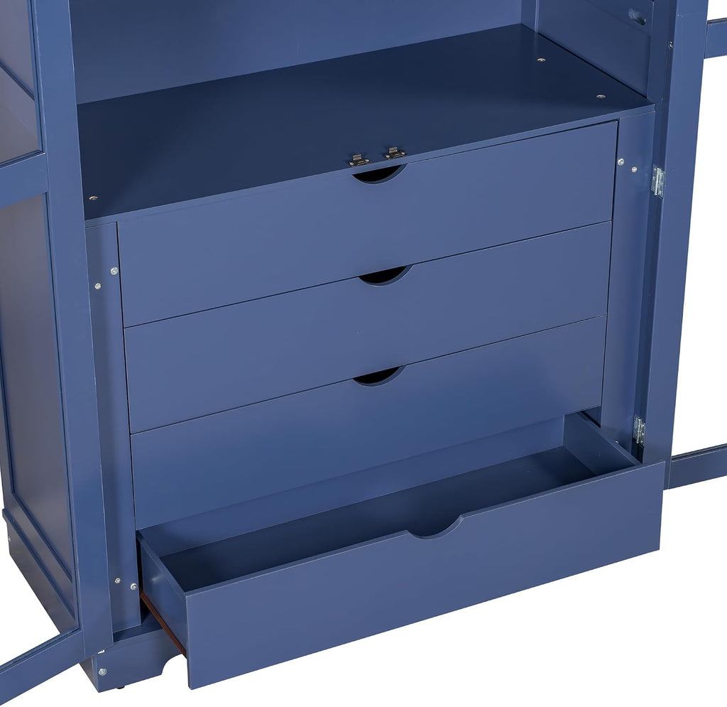 Merax Kitchen Pantry Cabinet with 2 Glass Doors & 4 Large Drawers, Pine Wood Frame & Higher Shelf‌ Height, Freestanding Storage Cabinet for Kitchen Dining Room Living Room, 44.7"x20"x75" (Blue)